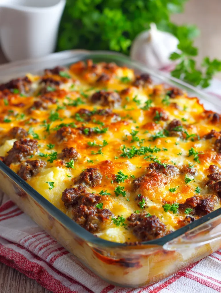 Baked ground beef and potatoes casserole with melted cheese and herbs.