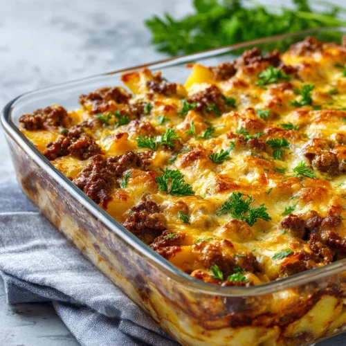 Cheesy ground beef and potatoes casserole topped with parsley.