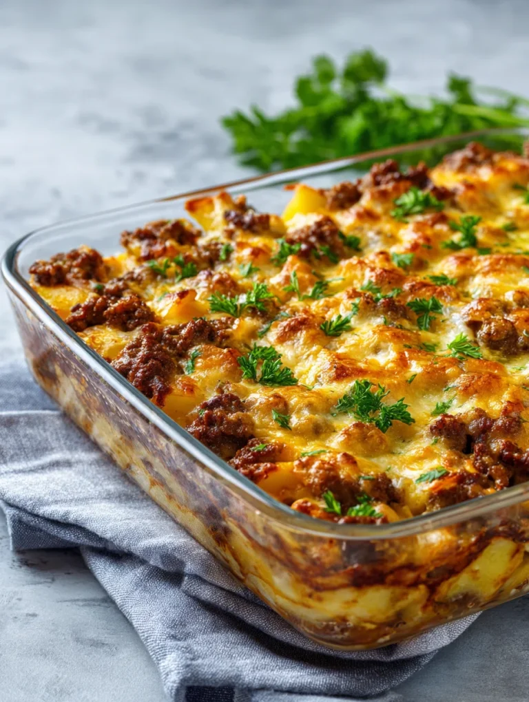Ground beef and potatoes casserole topped with melted cheese and parsley.