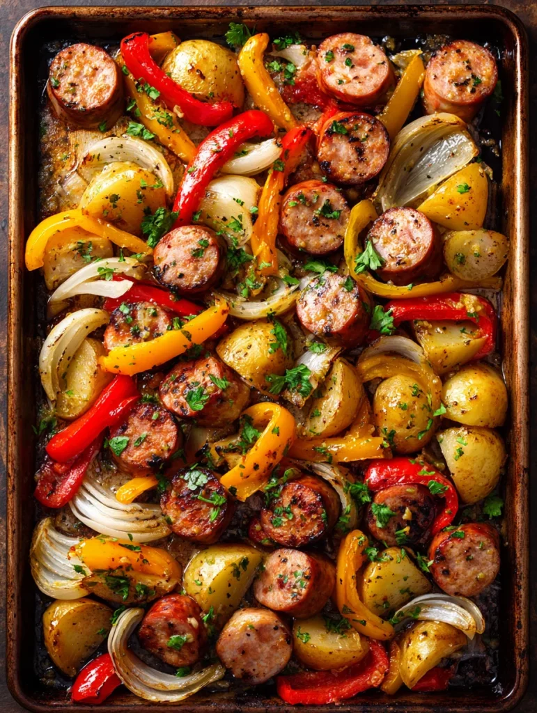Honey garlic sheet pan sausage with roasted potatoes, peppers, and onions.