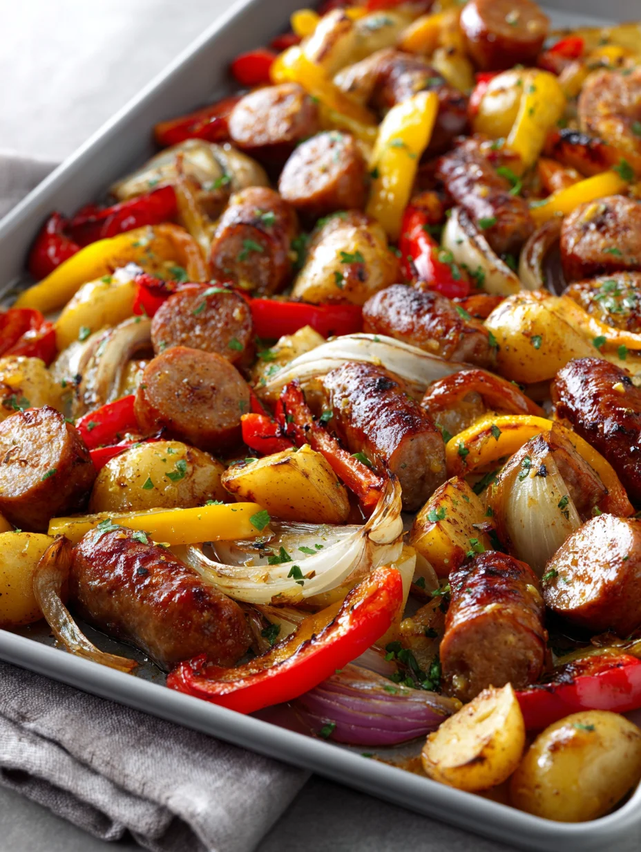 Honey garlic sheet pan sausage with roasted peppers, onions, and potatoes.