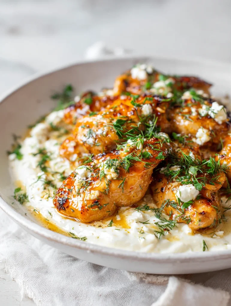 Hot honey feta chicken served over a creamy whipped feta base, topped with fresh herbs and crumbled feta.