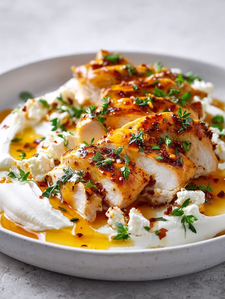 Sliced hot honey chicken served over whipped feta, topped with fresh herbs and chili crisp.