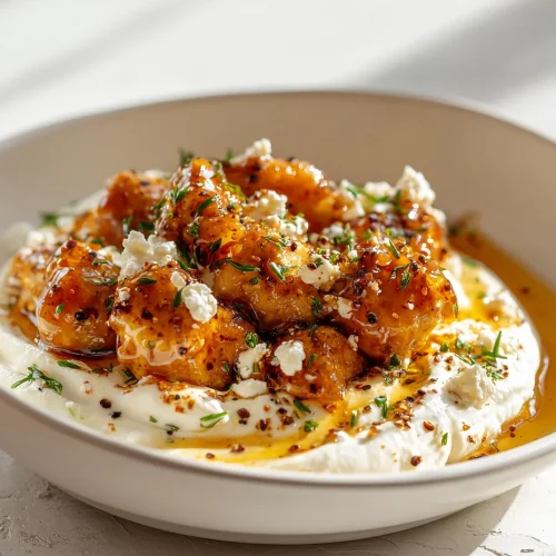 Hot honey chicken bites served over creamy whipped feta and topped with herbs and chili crisp.