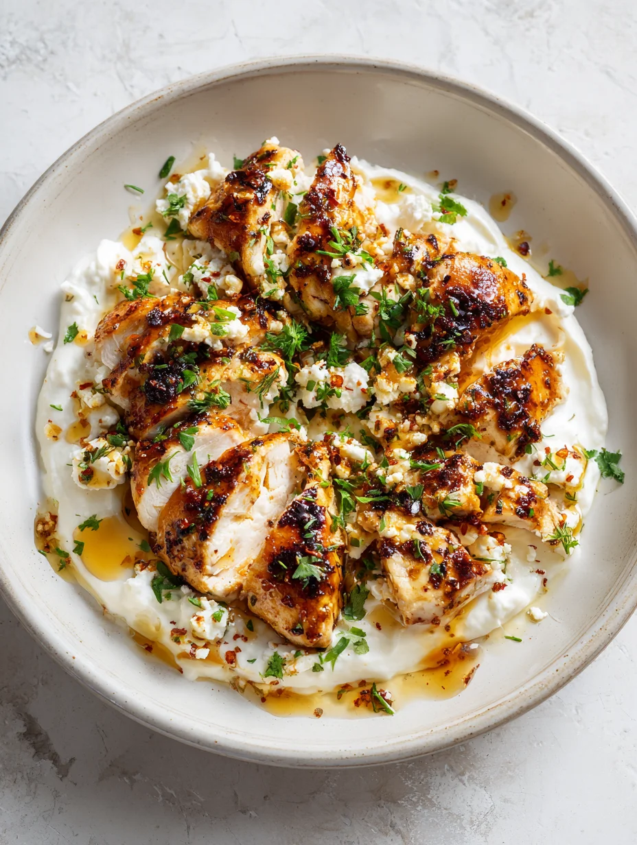 Hot honey feta chicken served over whipped feta and drizzled with spicy honey butter.