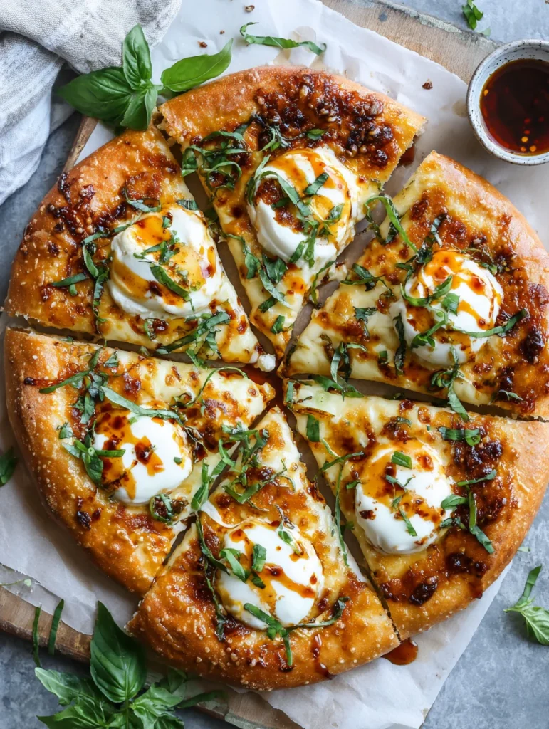 Hot honey ricotta pizza with fresh basil and chili drizzle