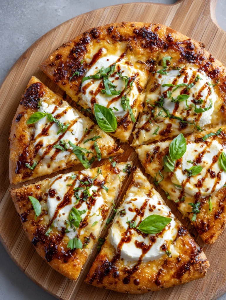 Hot honey ricotta pizza topped with fresh basil and chili drizzle