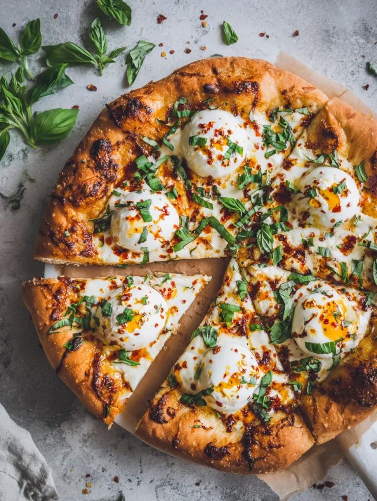 Hot honey ricotta pizza topped with fresh basil and chili flakes