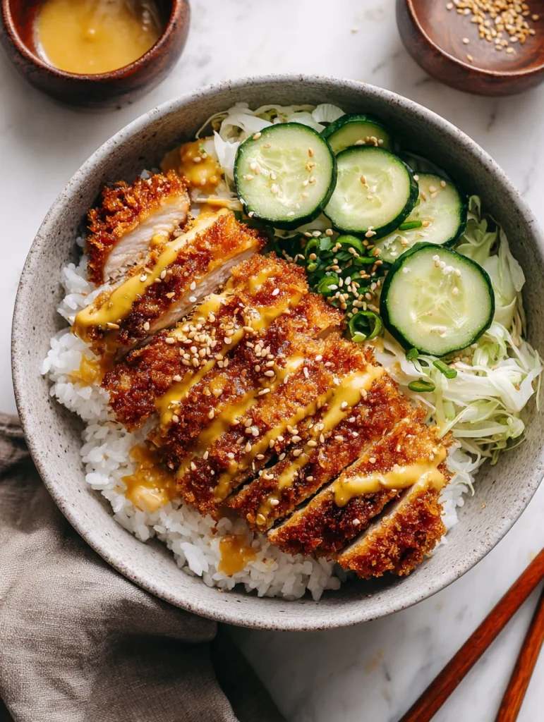 Crispy Japanese chicken katsu bowl with rice, shredded cabbage, sliced cucumber, sesame seeds, and golden katsu sauce.