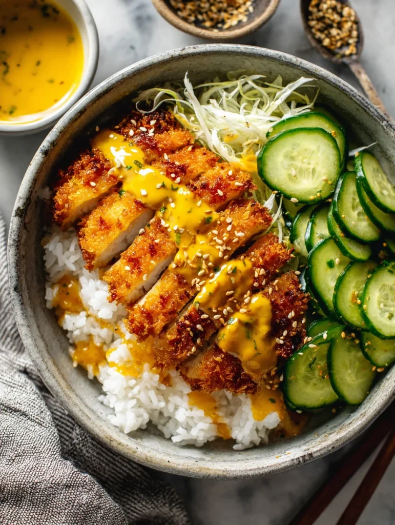 Crispy Japanese chicken katsu served over steamed white rice with shredded cabbage, sliced cucumbers, sesame seeds, and golden katsu sauce in a ceramic bowl.