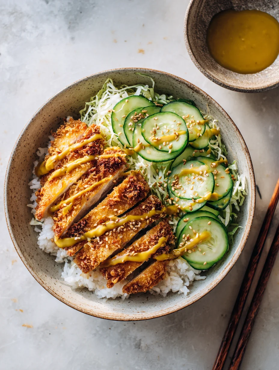 Japanese chicken katsu bowl with crispy breaded chicken slices, shredded cabbage, fresh cucumber slices, and sesame seeds served over steamed rice.