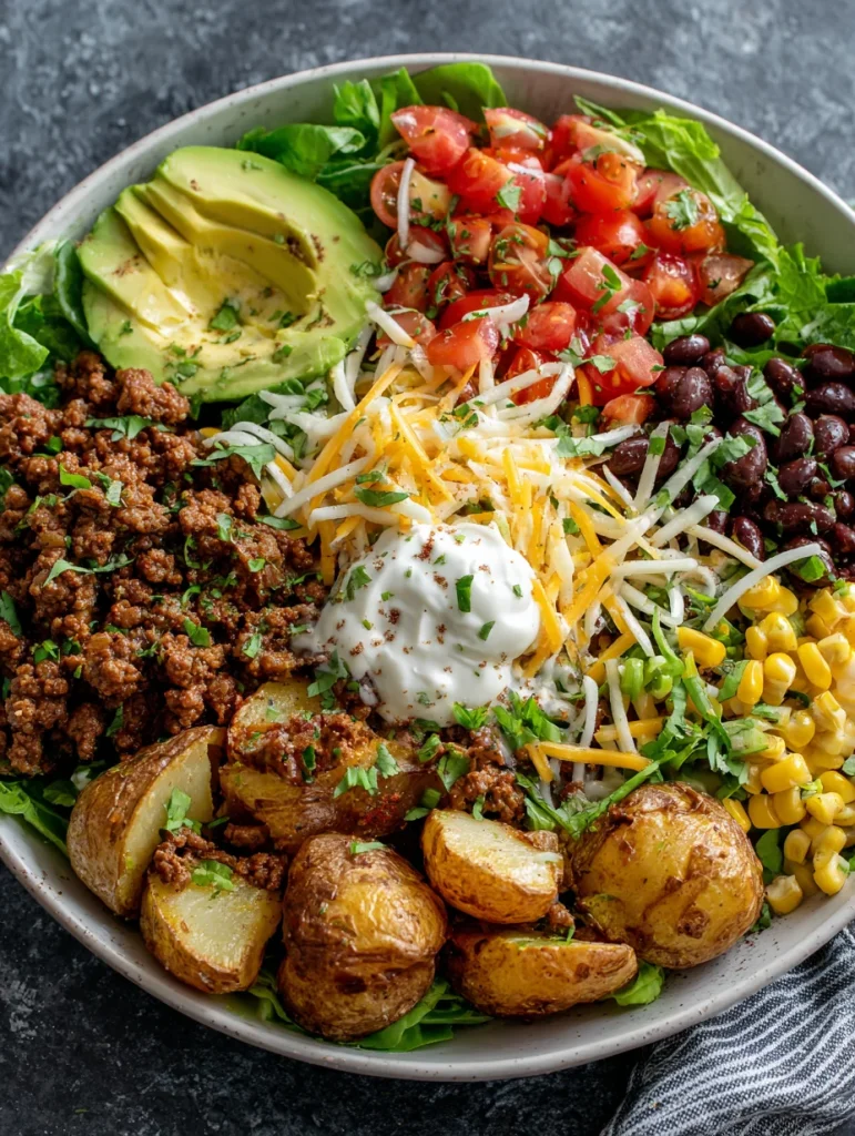 Loaded Potato Taco Bowl with ground beef, crispy roasted potatoes, avocado, tomatoes, black beans, corn, cheese, and sour cream