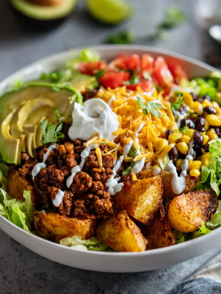 Loaded Potato Taco Bowl with seasoned ground beef, crispy roasted potatoes, avocado, corn, black beans, tomatoes, shredded cheese, lettuce, and sour cream.