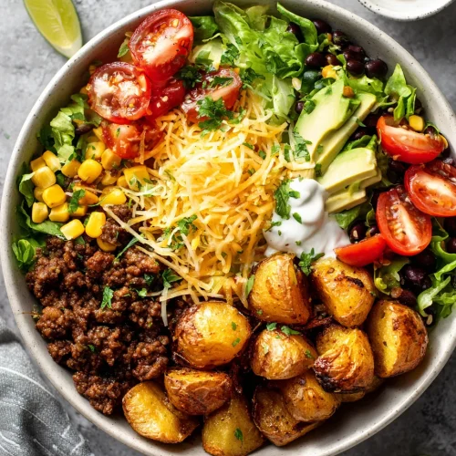 Loaded Potato Taco Bowl with ground beef, crispy roasted potatoes, fresh lettuce, avocado slices, cherry tomatoes, corn, black beans, shredded cheese, and a dollop of sour cream in a large serving bowl.