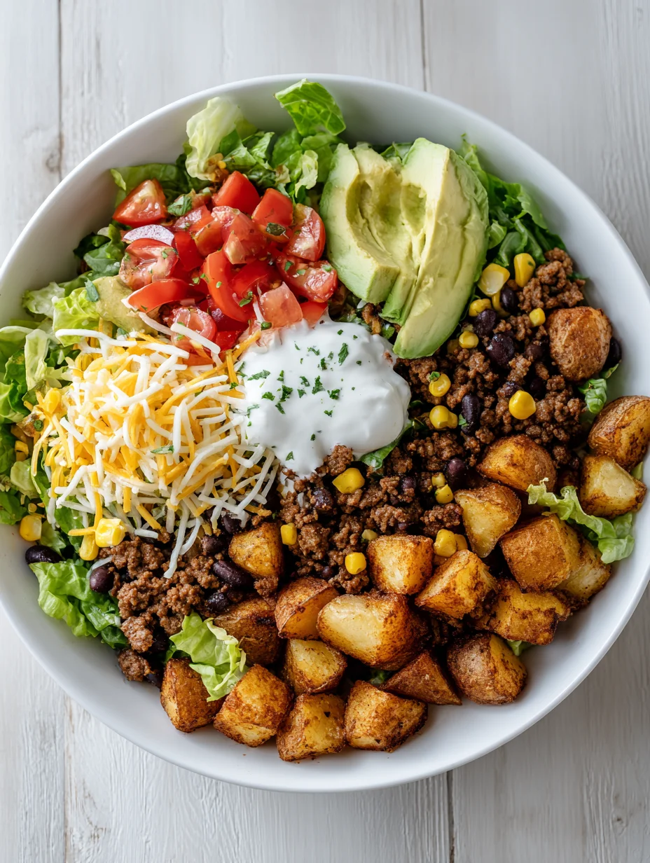 Loaded Potato Taco Bowl with seasoned ground beef, crispy potatoes, avocado, tomatoes, cheese, and sour cream.
