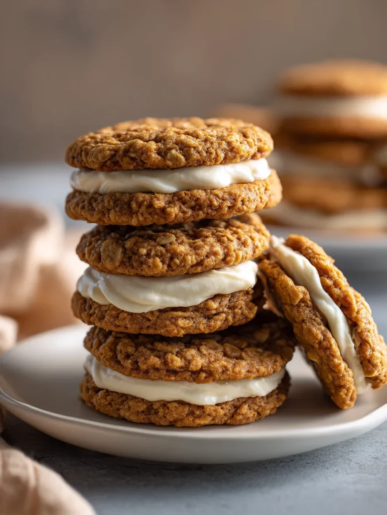 Stack of oatmeal cream pie cookies with creamy filling on a white plate.