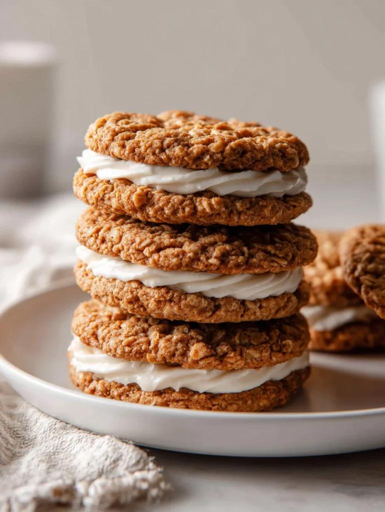 Stack of soft oatmeal cream pie cookies filled with creamy vanilla frosting.