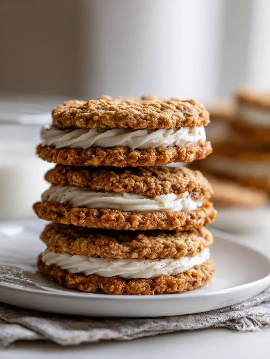 Stack of homemade oatmeal cream pie cookies filled with vanilla frosting.