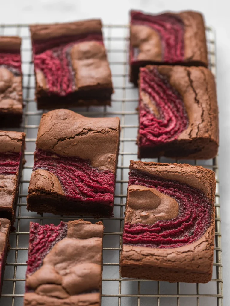 Chocolate raspberry swirl brownies cooling on a wire rack.