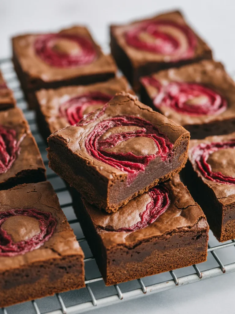 Fudgy raspberry swirl brownies stacked on a cooling rack.
