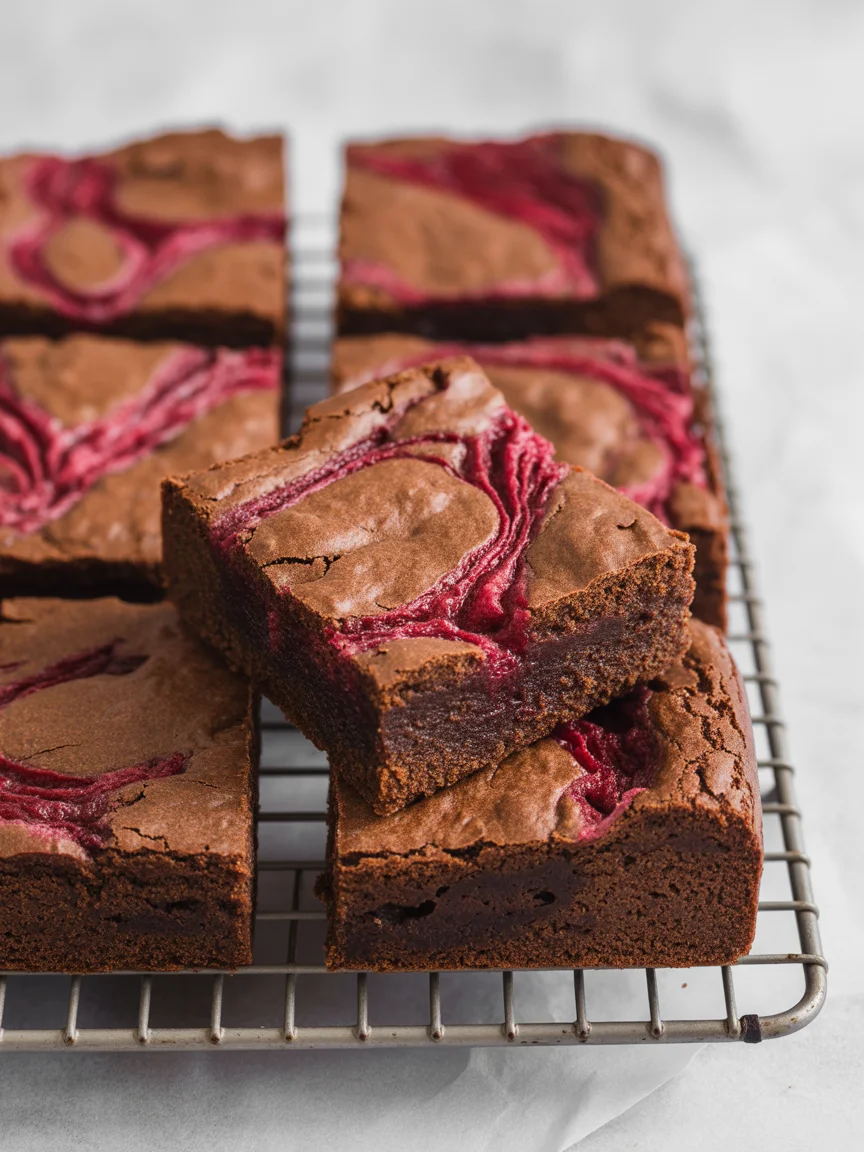 Fudgy raspberry swirl brownies on a cooling rack.