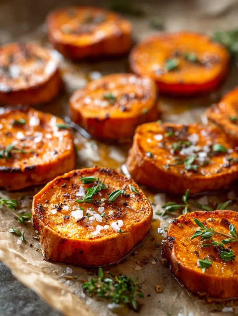Roasted sweet potato rounds with herbs, sea salt, and cracked pepper on parchment paper