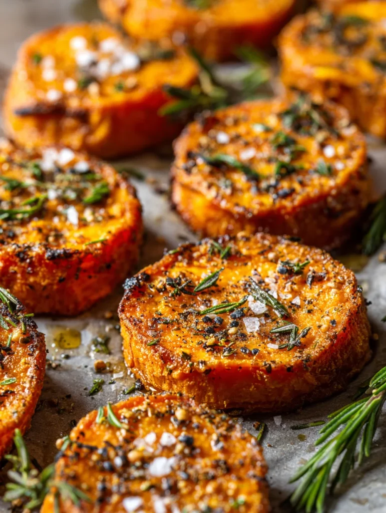 Crispy roasted sweet potato rounds topped with rosemary, black pepper, and flaky sea salt