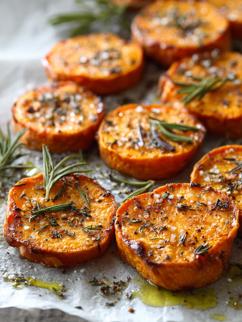 Roasted sweet potato rounds topped with rosemary, sea salt, and black pepper