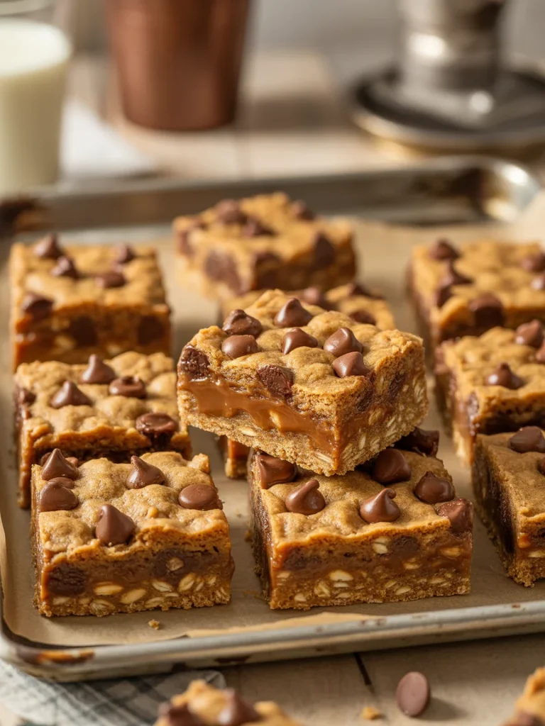 Close-up of gooey salted caramel chocolate chip oat cookie bars on a baking tray.
