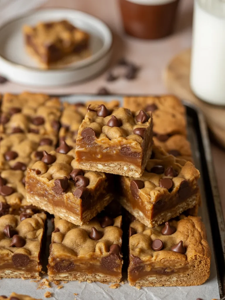 Stacked salted caramel chocolate chip oat cookie bars on a baking tray with melted caramel layers.