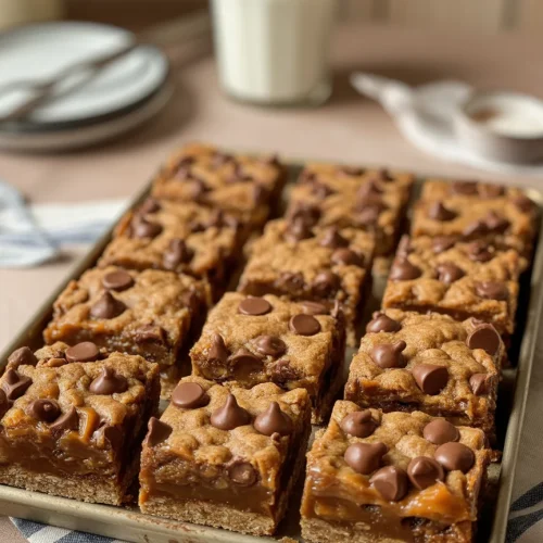 Salted caramel chocolate chip oat cookie bars on a baking sheet with a glass of milk in the background.