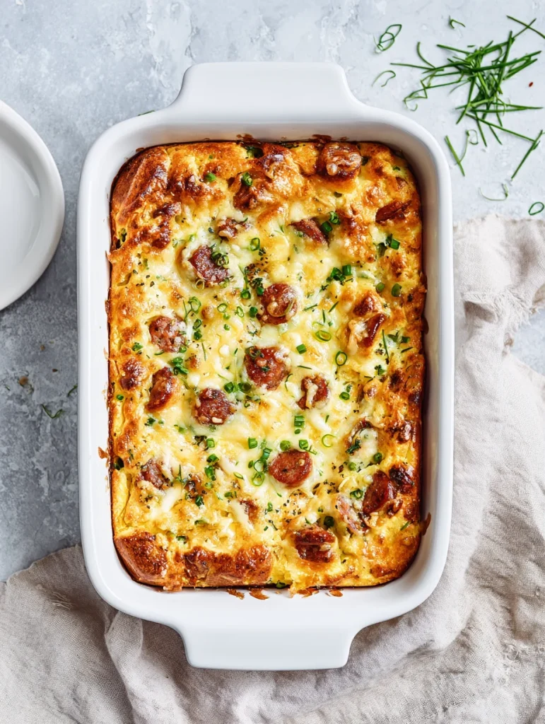 Sausage and egg breakfast casserole baked with melted cheese and green onions in a white baking dish.