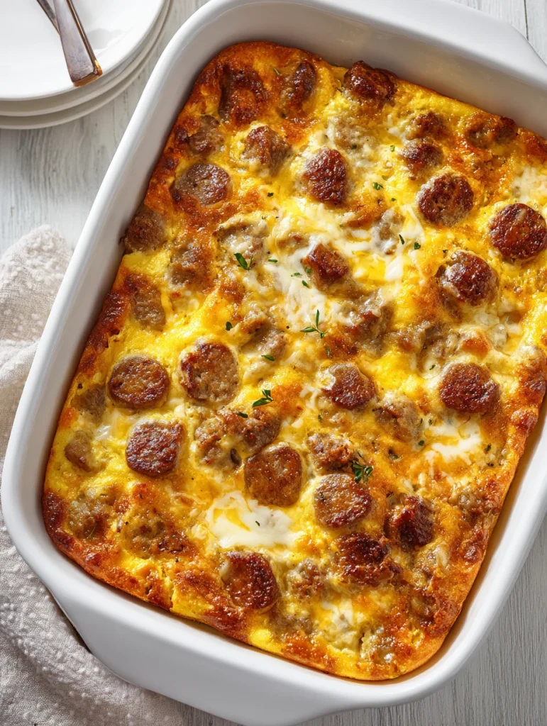 Golden sausage and egg breakfast casserole baked in a white dish and topped with melted cheese and herbs.