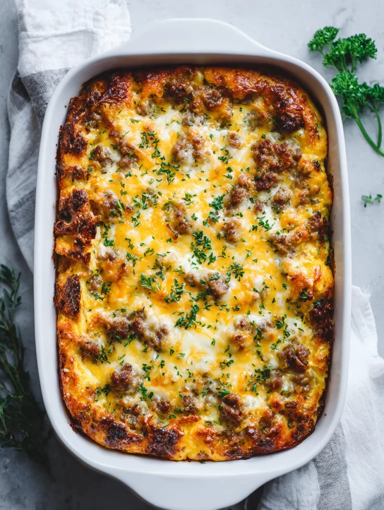 Sausage and egg casserole baked until golden with melted cheese and fresh herbs on top.