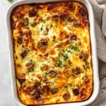 Golden-brown sausage and egg casserole topped with melted cheese and fresh herbs in a white baking dish.