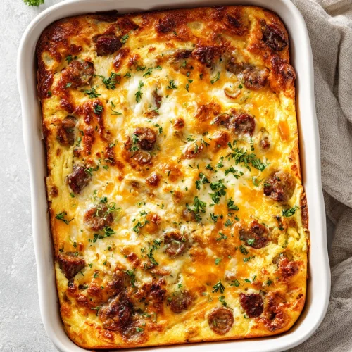 Golden-brown sausage and egg casserole topped with melted cheese and fresh herbs in a white baking dish.