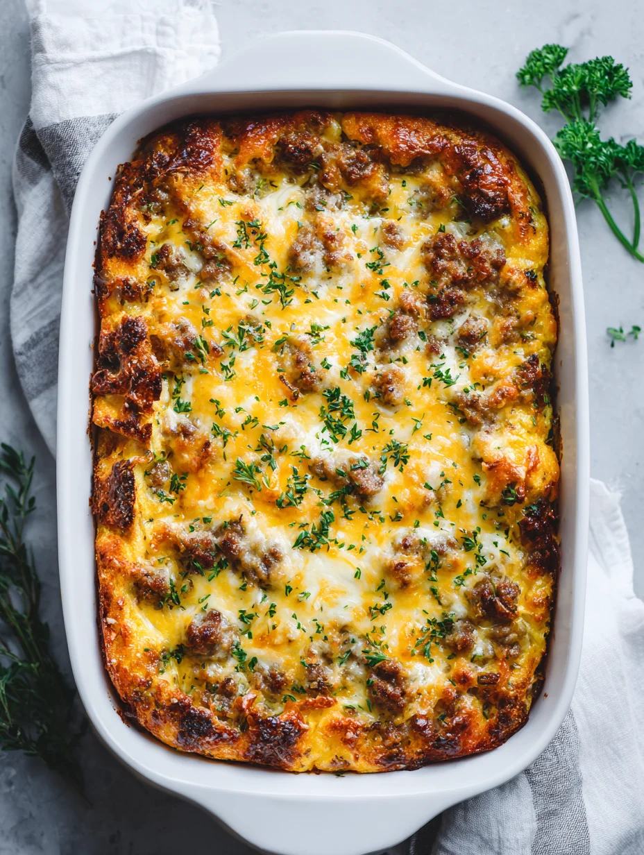 Sausage and egg casserole baked until golden with melted cheese and fresh herbs on top.