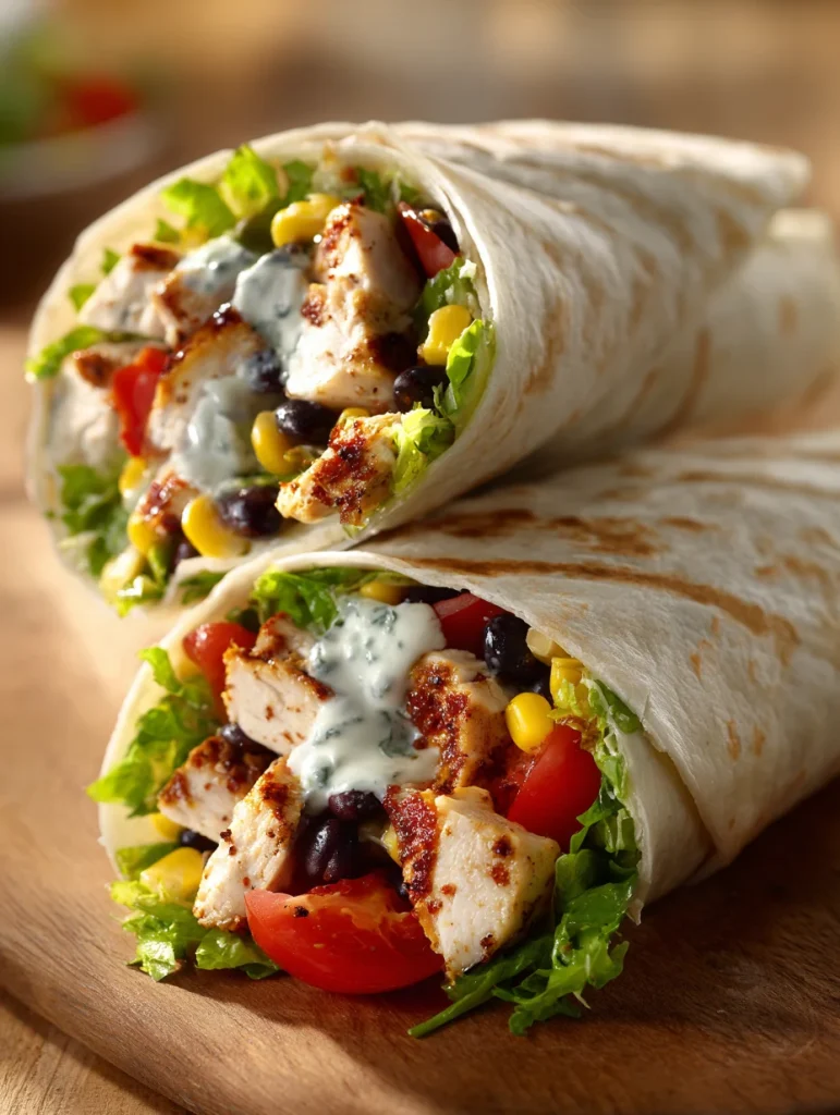 Southwest chicken wrap filled with grilled chicken, lettuce, tomatoes, corn, black beans, and creamy dressing.