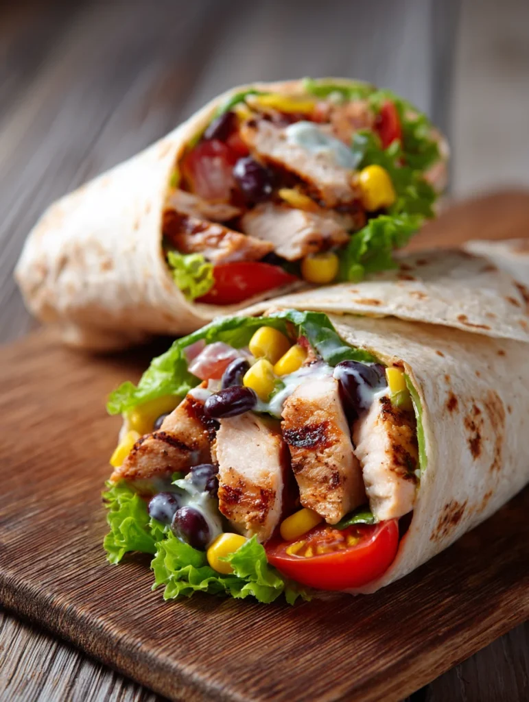 Southwest chicken wraps filled with grilled chicken, lettuce, tomatoes, corn, black beans, and creamy dressing.