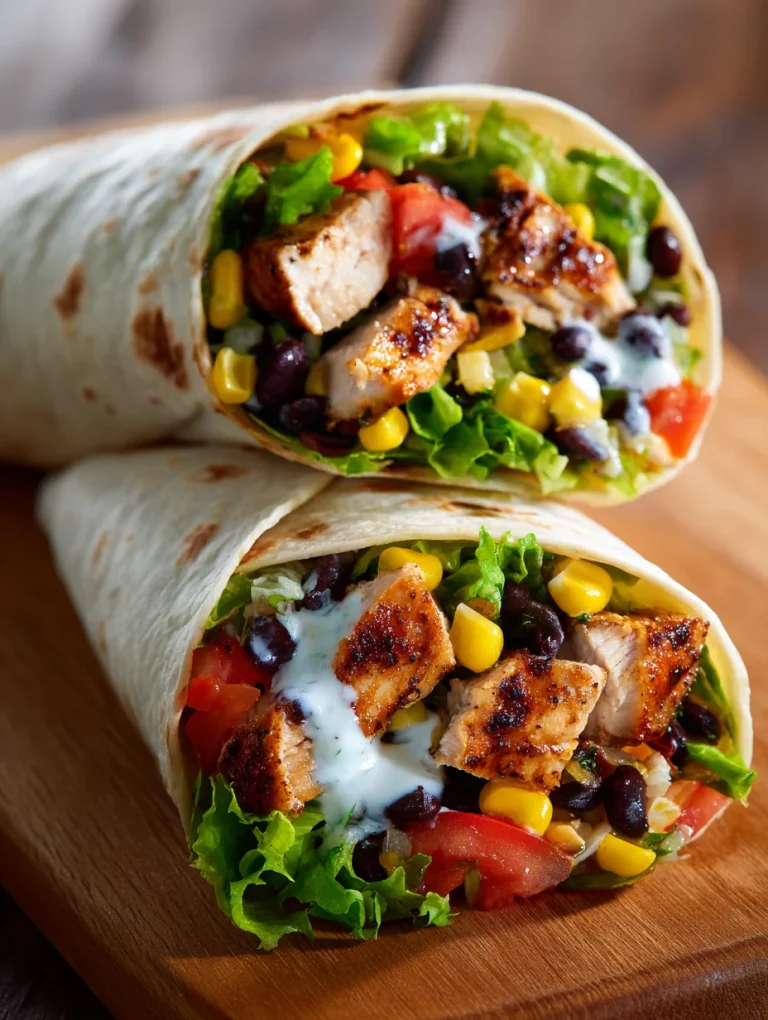 Southwest chicken wraps filled with grilled chicken, black beans, corn, lettuce, and tomatoes.