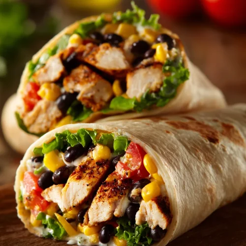 Southwest chicken wrap stuffed with grilled chicken, lettuce, tomatoes, corn, black beans, and creamy dressing.