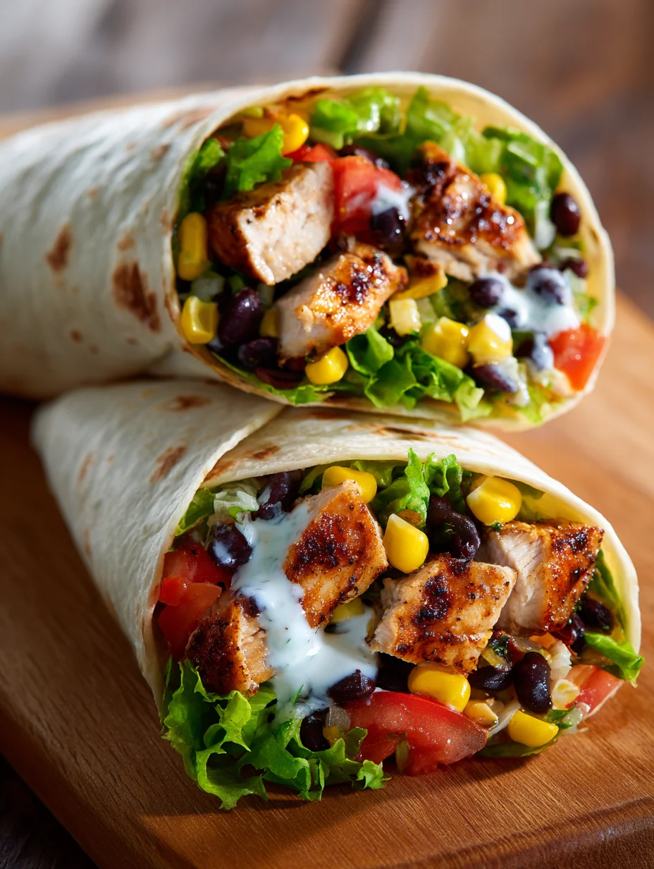 Southwest chicken wraps filled with grilled chicken, black beans, corn, lettuce, and tomatoes.