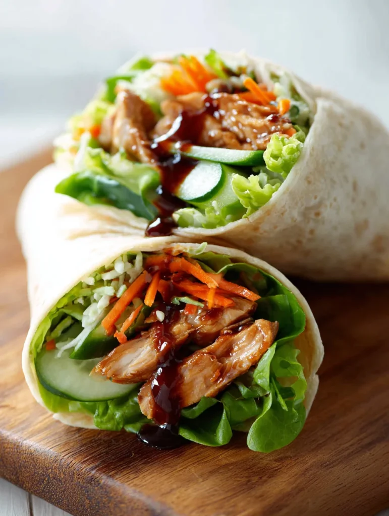 Fresh Teriyaki Chicken Wrap with vegetables and teriyaki glaze on a wooden board.