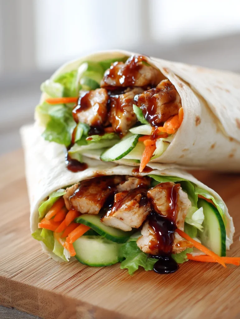 Teriyaki Chicken Wrap filled with fresh vegetables and drizzled with teriyaki sauce.