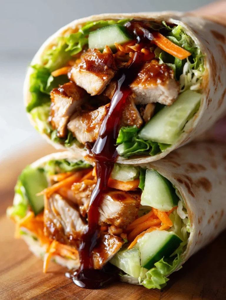 Close-up of a Teriyaki Chicken Wrap with fresh vegetables and glossy teriyaki sauce.