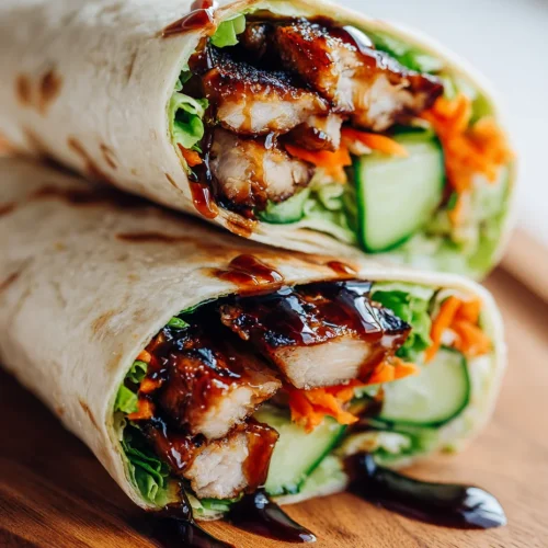 Grilled Teriyaki Chicken Wrap with vegetables and glossy teriyaki glaze on a wooden board.