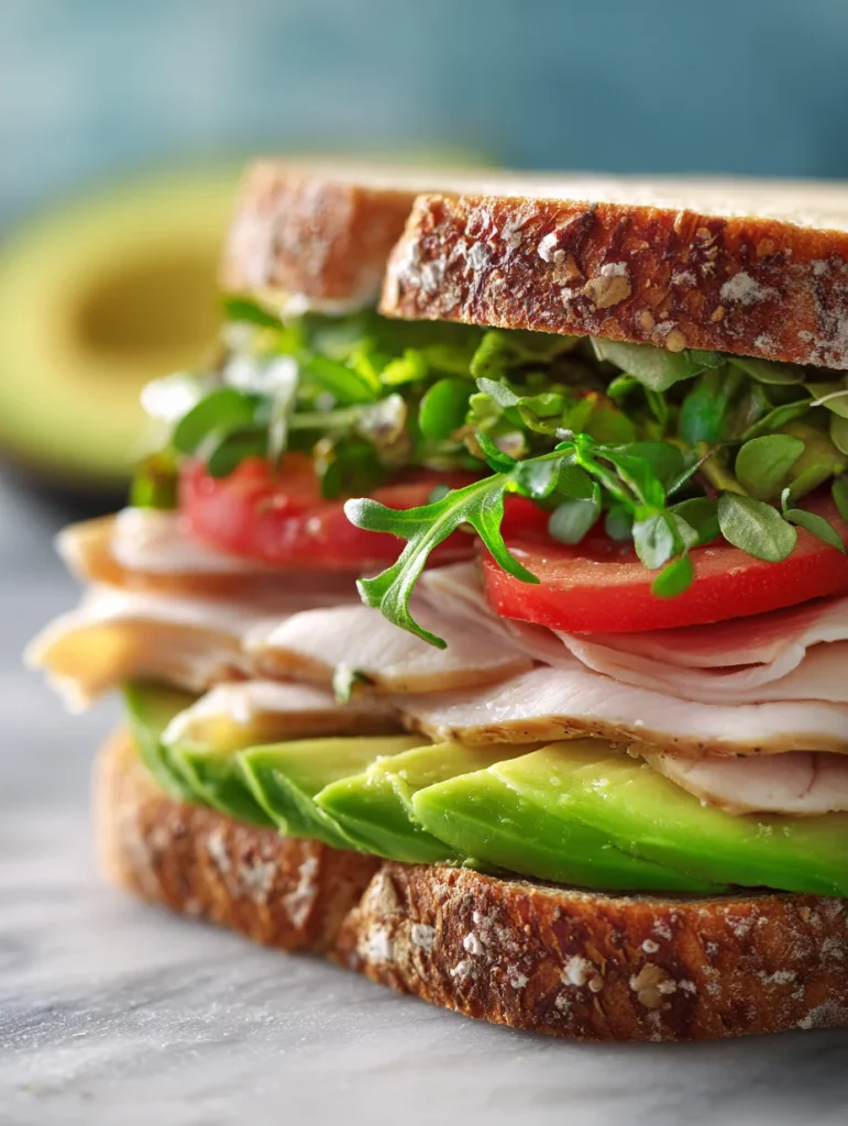 Turkey avocado sandwich stacked with fresh tomatoes, leafy greens, and ripe avocado slices on rustic whole-grain bread.
