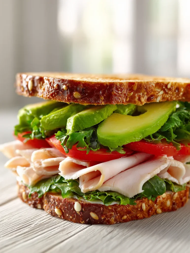 Turkey avocado sandwich stacked with fresh lettuce, tomato slices, and creamy avocado on multigrain bread.