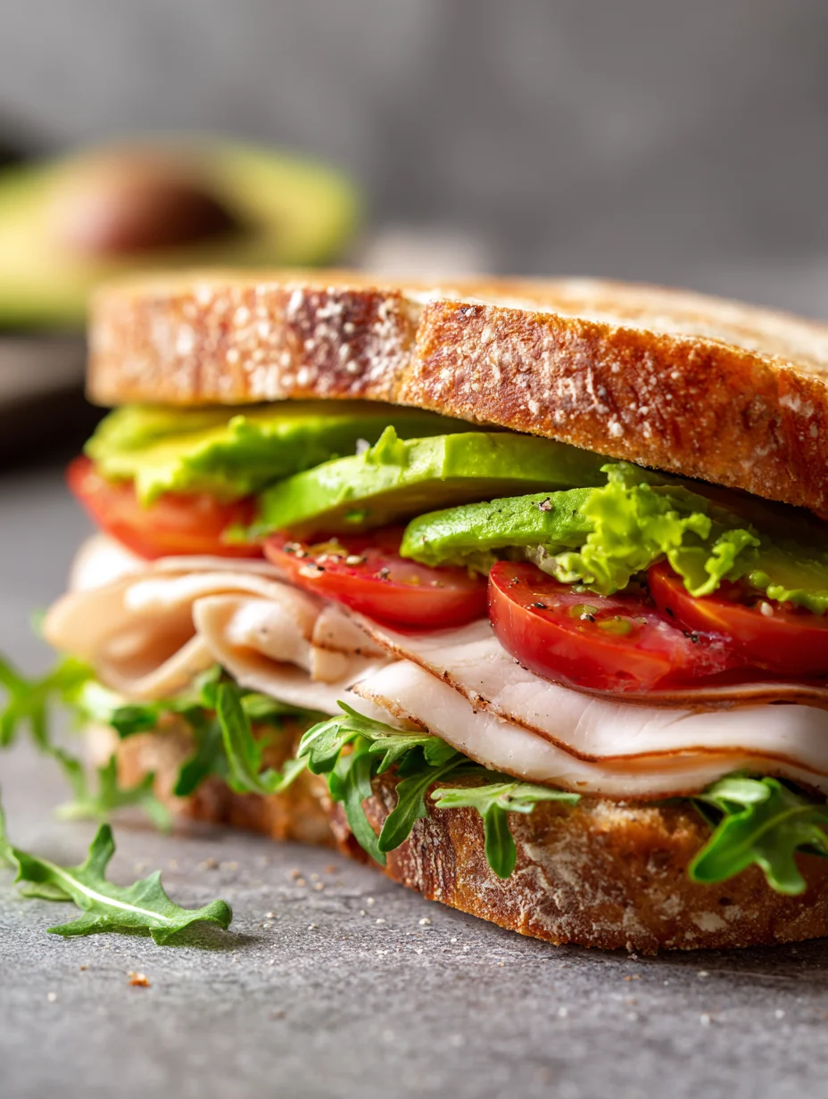 Turkey avocado sandwich with sliced tomatoes, lettuce, and arugula on rustic toasted bread.