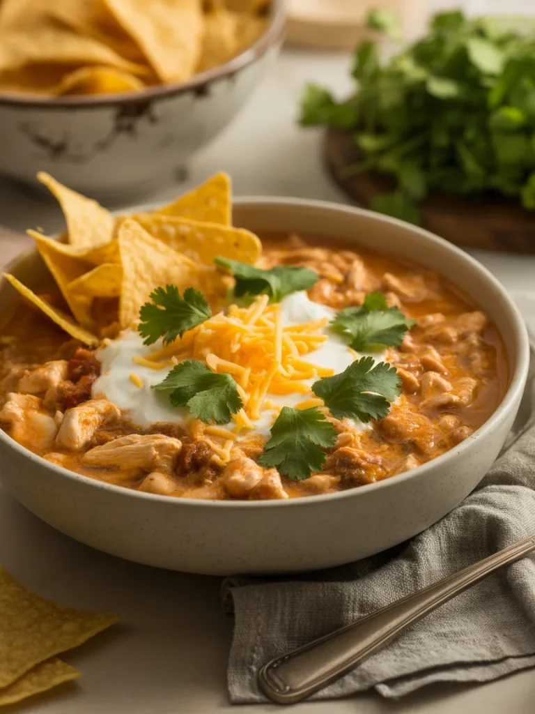 Creamy white chicken chili topped with sour cream, shredded cheese, and cilantro in a bowl.